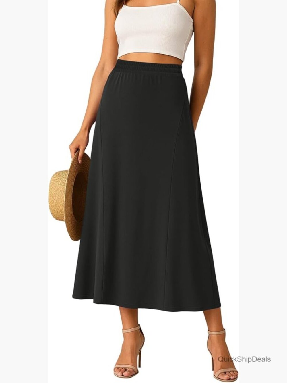Flowy High Waist Elastic A-Line Midi Skirt for Women Casual